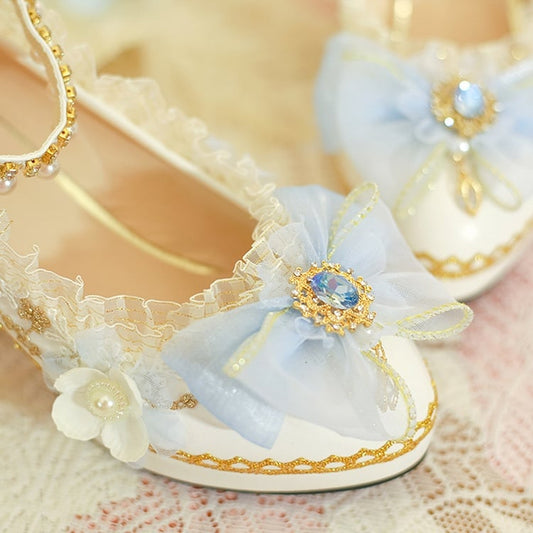 White & Blue Floral and Bow Accent 5CM/6CM/8CM Hime Lolita Block Heels