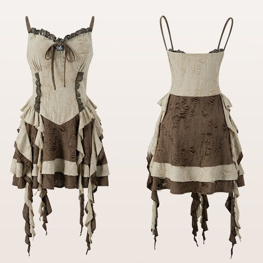 Plus Size Basque Waist Cascading Ruffles Distressed Holes Wasteland Punk Brown Cami Dress