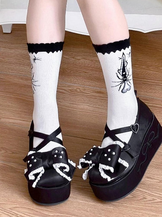 Black Sword Spider Polka-dot Pattern Lolita Calf Socks