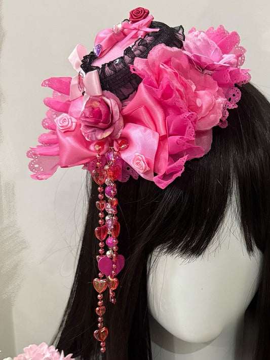 Rose Red Rhinestone Heart Decorated Rosette Design Bowknot Details Beaded And Heart Chain Mini Hat