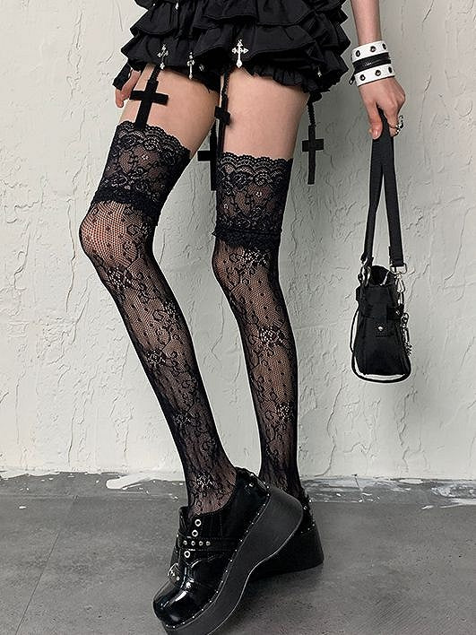 Gyaru Fashion Black Floral Pattern Lace Trim Y2K Overknee Stockings
