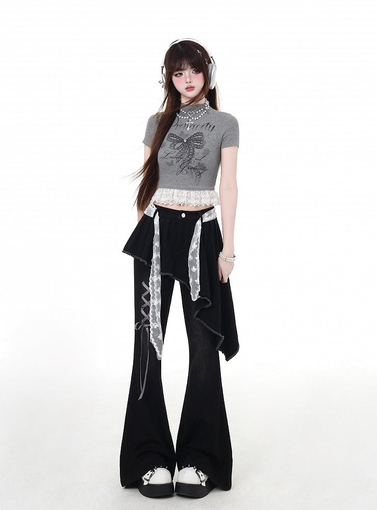 Black Asymmetrical Hem Lace-up Detail Flared Pants Faux Two-Piece with Lace Waist Belt