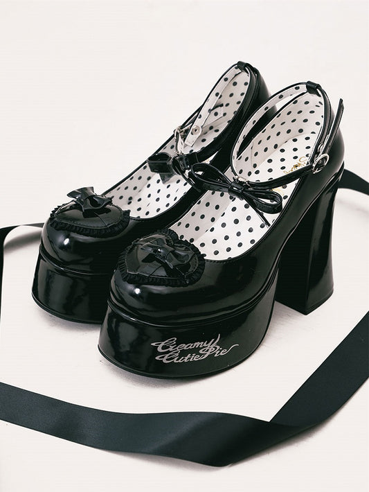 Bow Accents Heart Design Black Platform Block High Heels