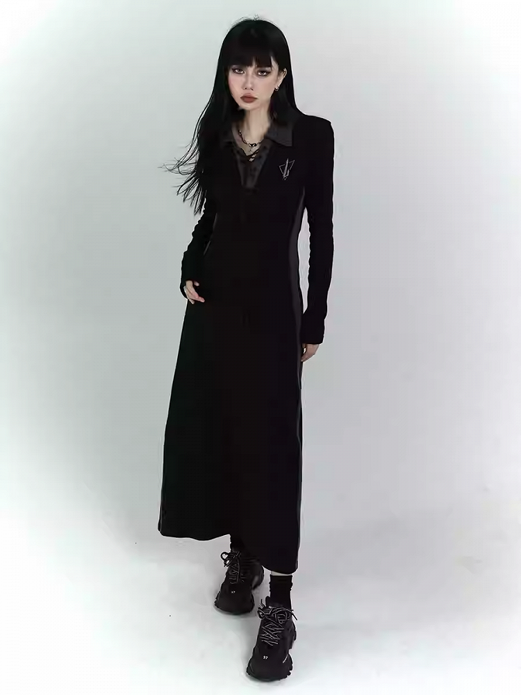 Gothic Black Dress with Lace-up Detail at Front