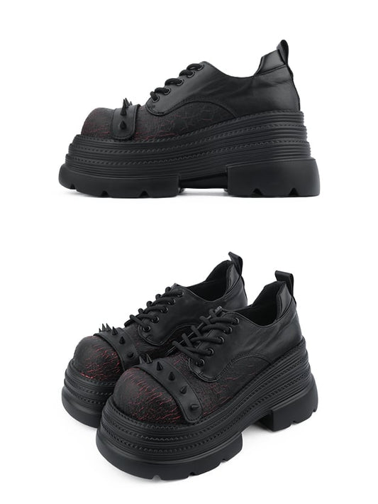 Black & Red Platform Shoes in Gothic Style - Cone Stud Detailing & Lace-up Closure