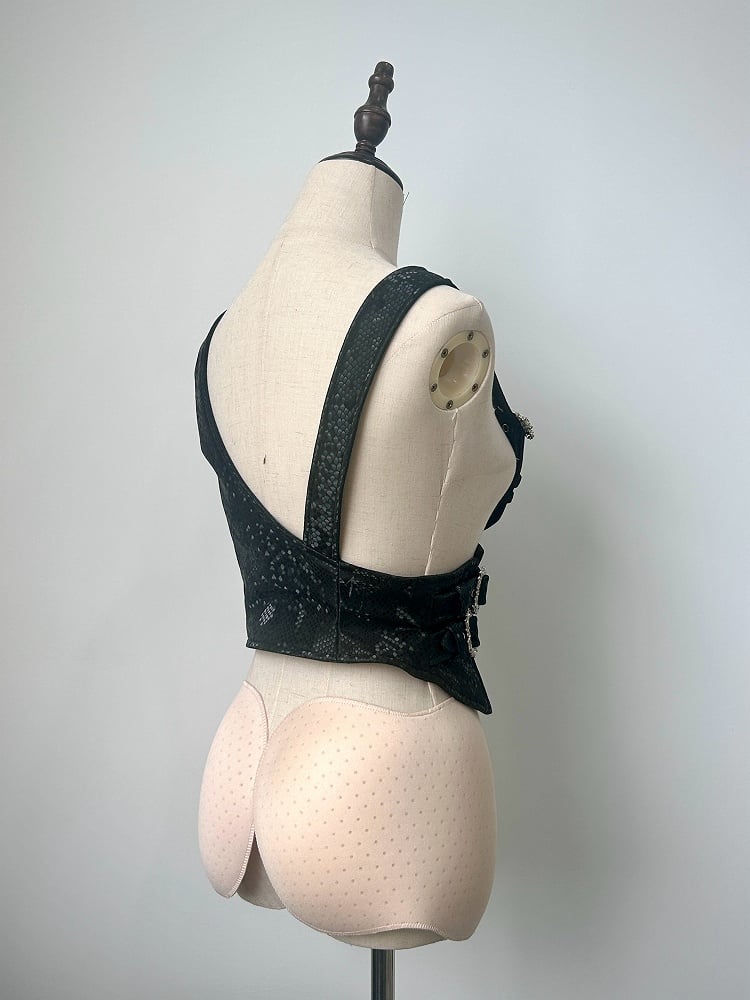 Black Asymmetrical Design Ouji Fashion Snakeskin-grain Leather Waistcoat