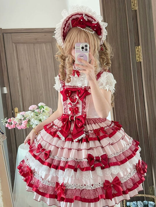 Clearance-Size M for Bust 86-91CM Pink and Red Sweet Bows Decorated Tiered Ruffles Skirt Old School Lolita Dress