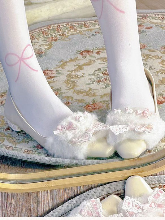 Apricot Pointed Toe Bow at Top 1CM Heel Slip-in Flats