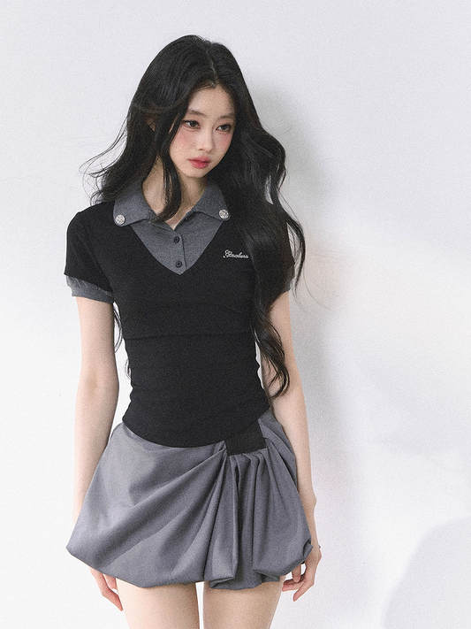 Rhinestones Decorated Polo Collar Pink& Apricot/ Black& Gray T-shirt Faux Two-pieces