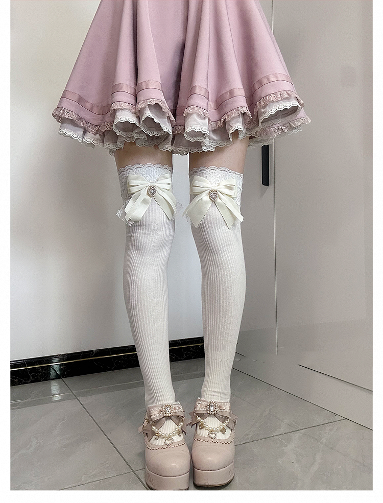 Apricot Bow Detail Front Heart Rhinestone Jirai Kei Over Knee Stockings