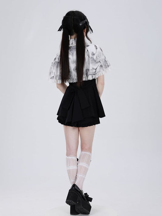 Jirai Kei Three Pieces Set Short Puff Sleeves Top Black Shorts and Grey Floral Print Cape