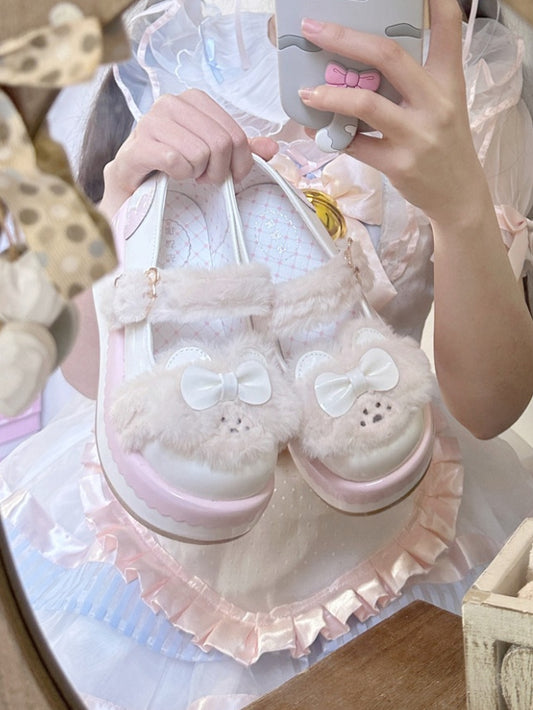 White Bowknot Decorated Plush Bear Lolita Platforms With Bear Buckle