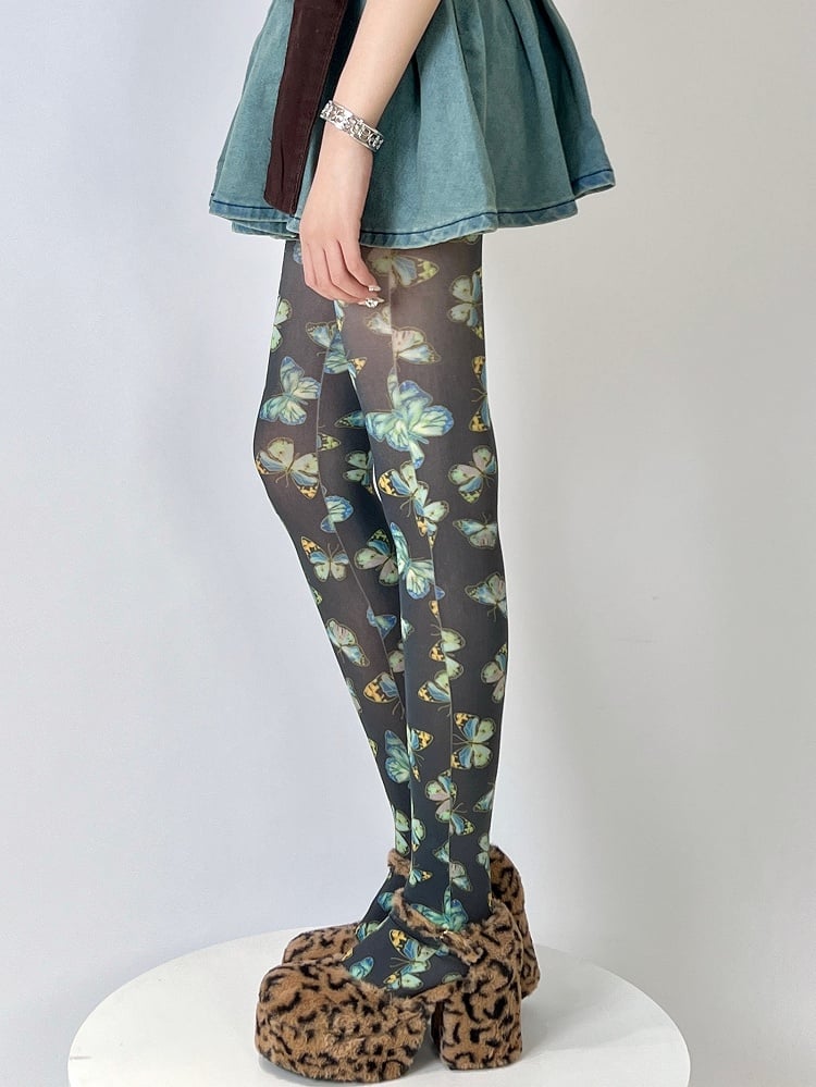 Yellow/Black Butterfly Print Tights