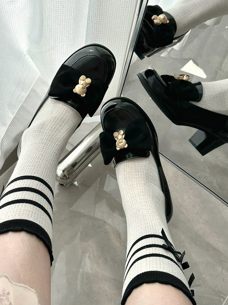 Black Bear Decorated Bow at Top Loafers