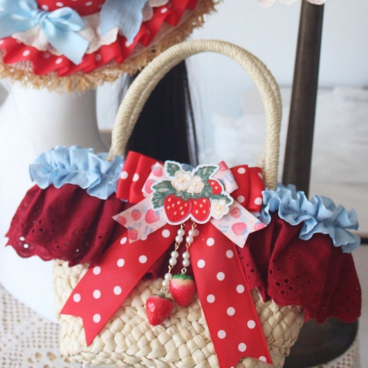 Red Strawberry Design Polka-dot Pattern Bowknot Details Hand Bag