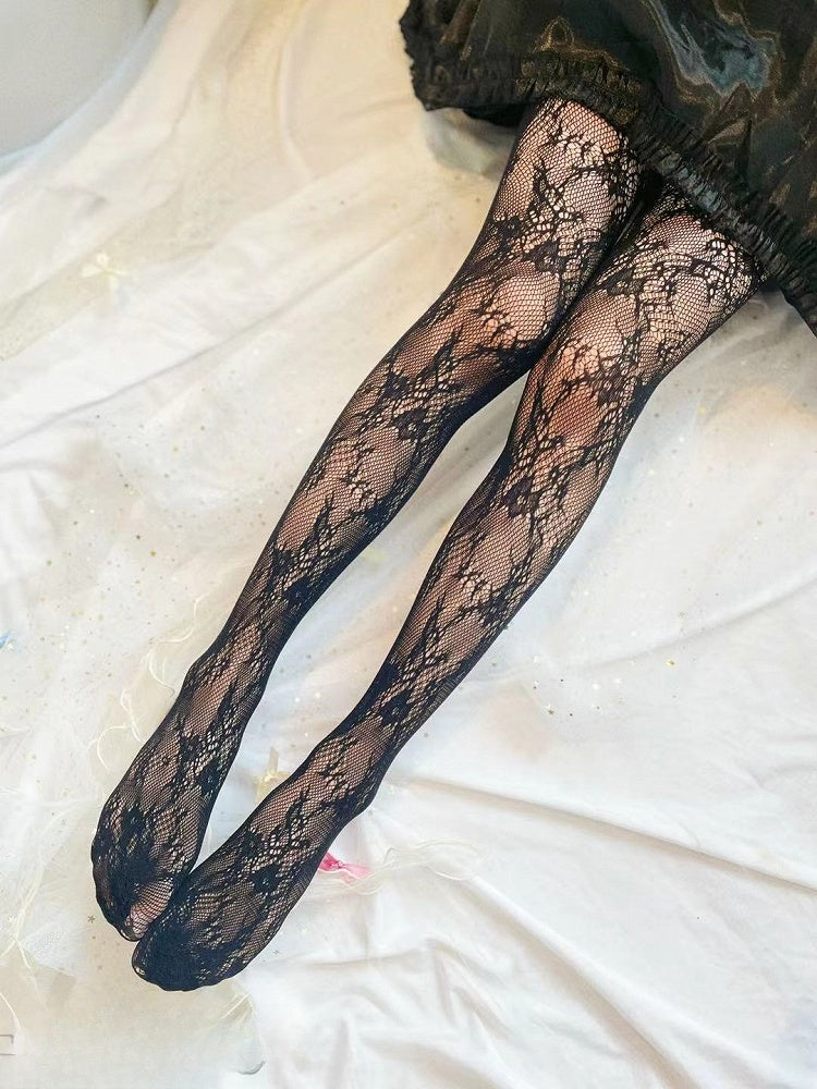 White/Creamy Yellow/Black Floral Fishnet Tights