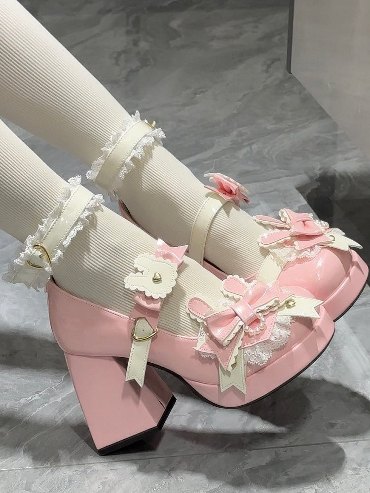 Polished Pink Sweet Lolita Bunny Decorated Bowknot Details Lace Trim Platform High Block Heels