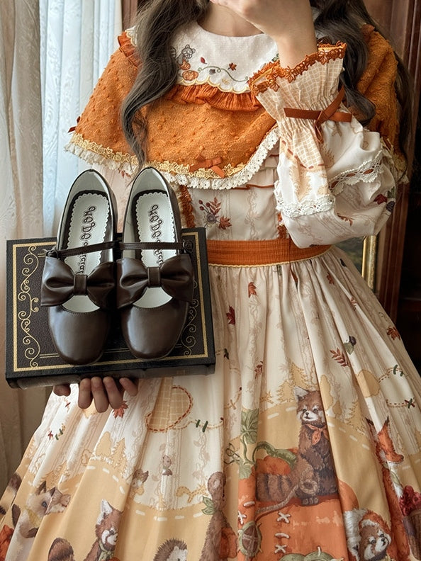 Brown PU Classic Lolita Shoes - Mary Janes with Mid Heel, Bow Accents & Decorative Heart Buckle