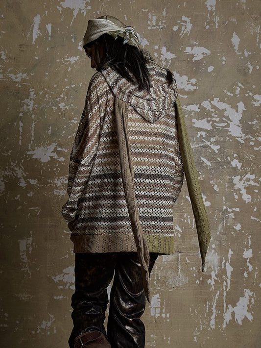 Dune Inspired Bunny Ears Brown Striped Hooded Top Hollow-out Design