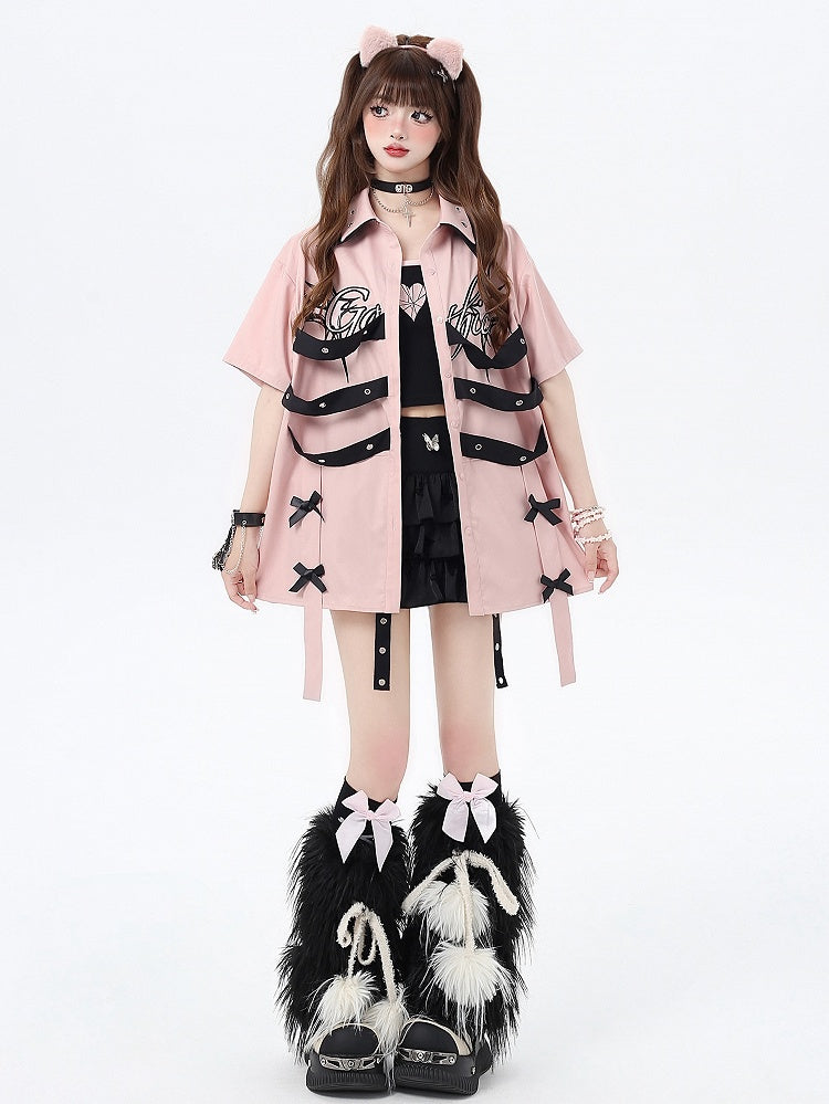 Bowknot Details Pink Cyberpunk Short Sleeves Shirt