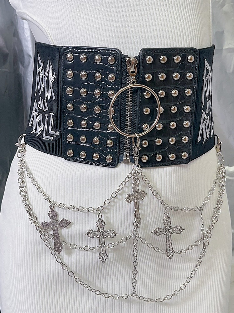 Black Punk Studs Details Cross Charm Waist Corset Belt