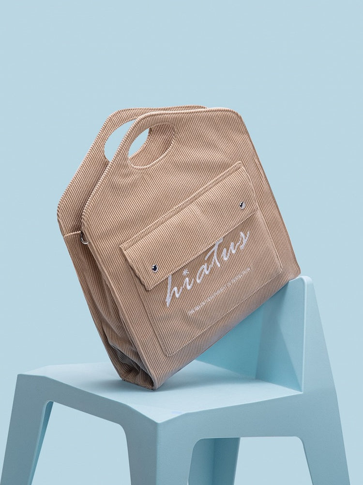 Brown Corduroy Tote Bag: Large Capacity & Lightweight With Embroidered Lettering