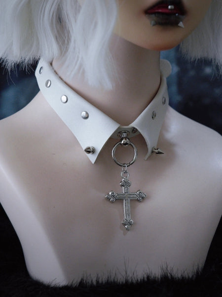 Cross Pendant White Studs Gothic PU Choker