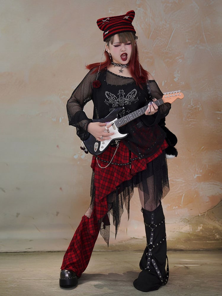 Plus Size Black Punk Fishnet Long Sleeves Top