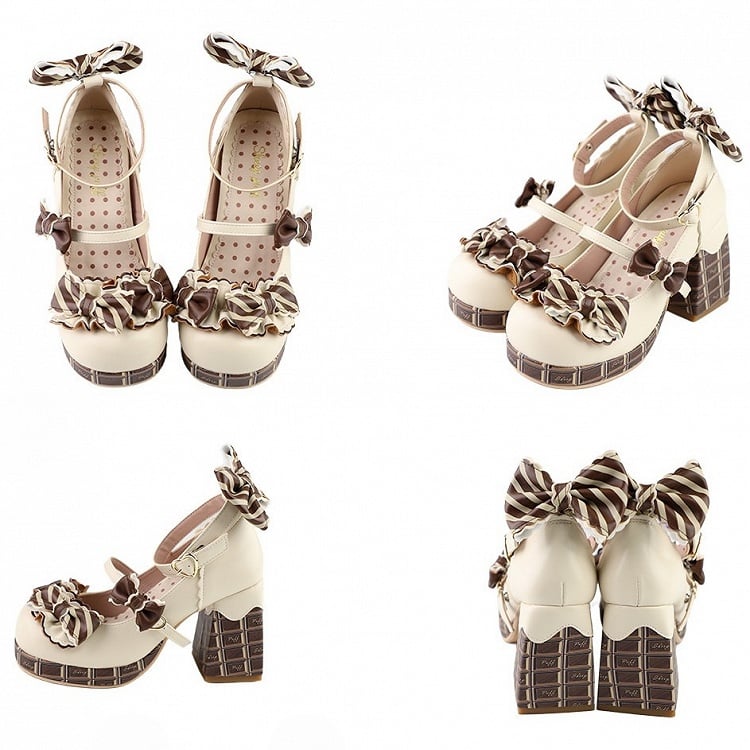Beige&Brown Striped Bowknot Details Heart Buckle Chocolate Platform High Block Heels Mary Janes