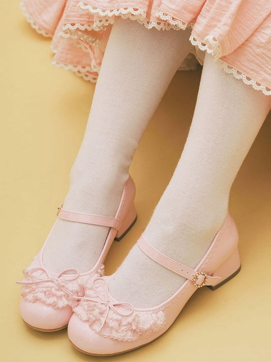 Pink Beaded Round Buckle Bowknot Decorated Multiple Layers Lace Mary Janes