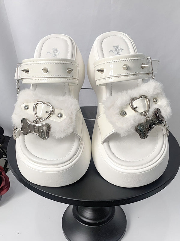 Bone Design Studs Decorated White Punk Platform Slippers