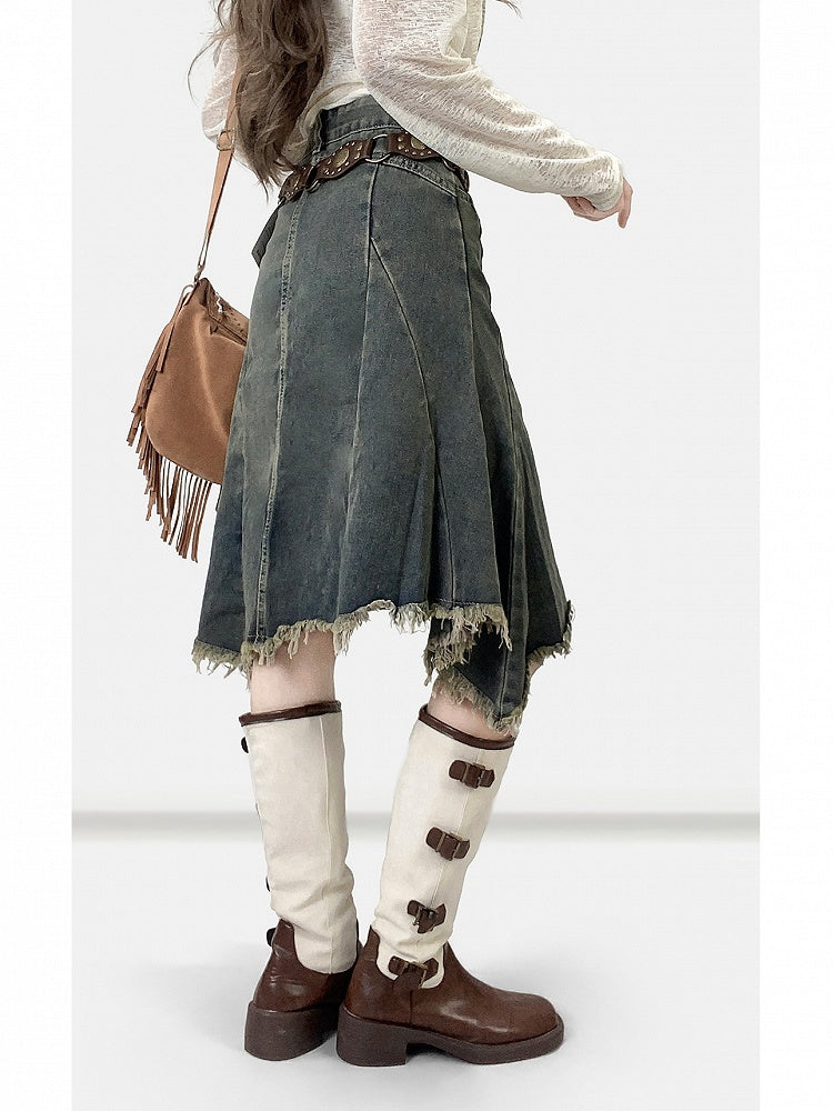 Blue Asymmetrical Hem Raw Hem Skirt