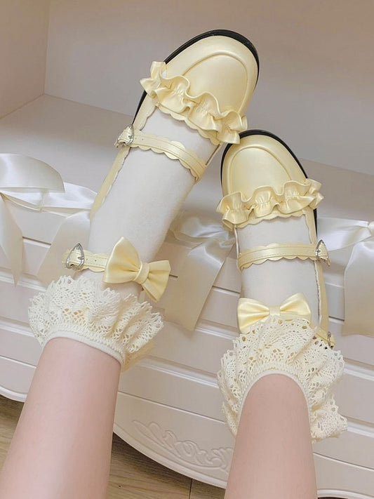 Yellow Ruffles Trim Bowknot Decorated Heart Buckles Lolita Shoes