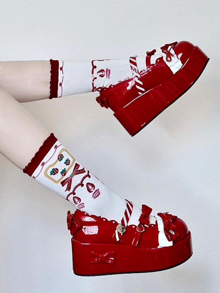 Red Strawberry Bowknot Print Lolita Calf Socks