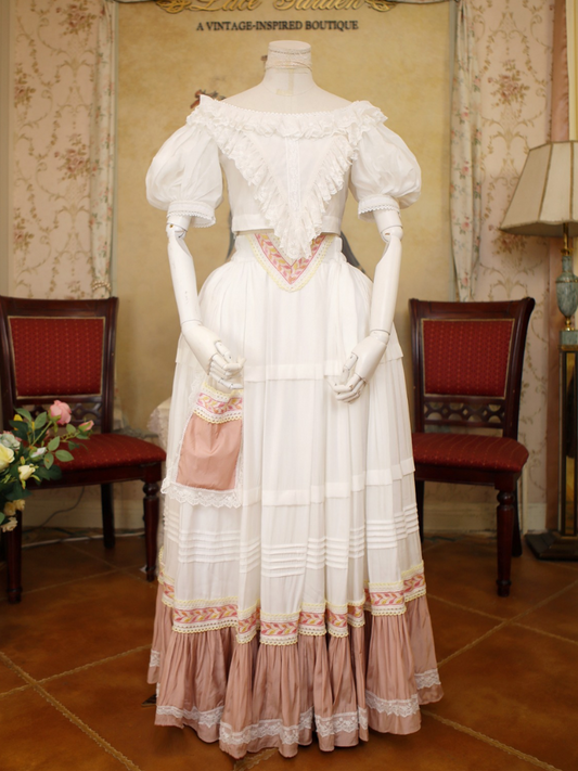 White & Pink Lace Trim Flounce Hem Vintage Southern Belles Victorian Skirt
