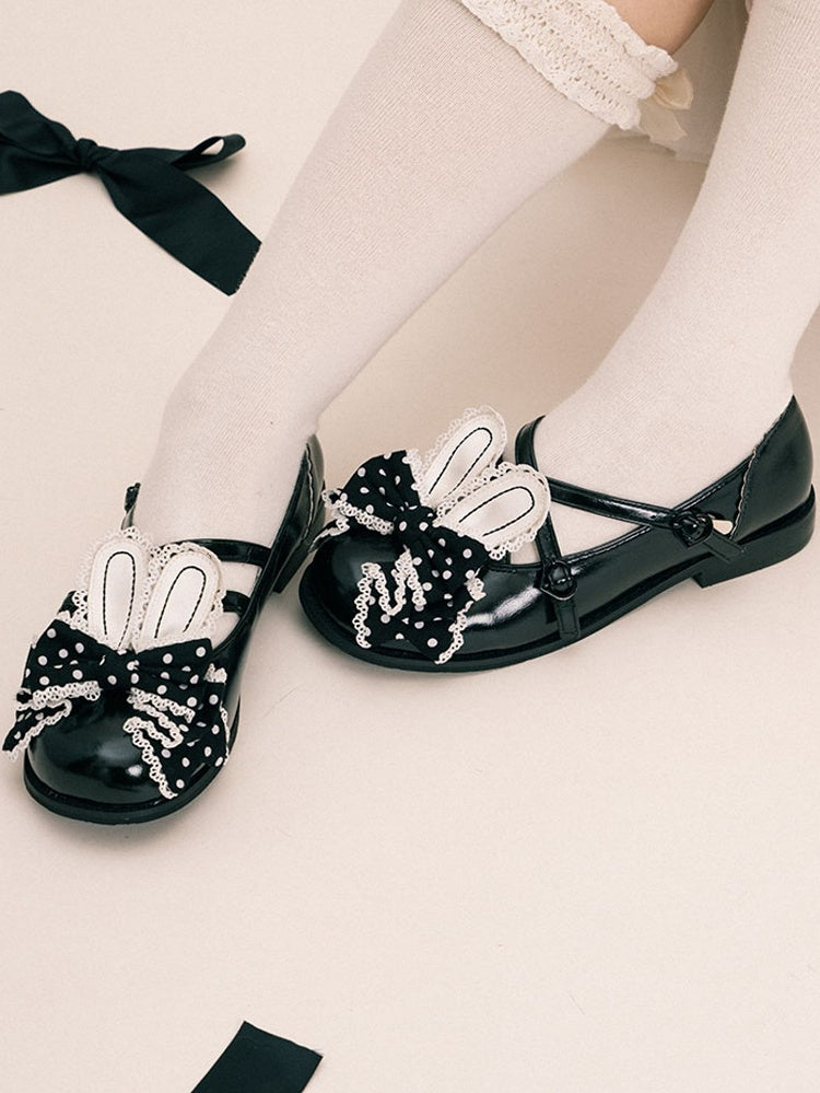 Black Crisscross Design Bunny Ear Polka-dot Pattern Bow at Top Lolita Shoes