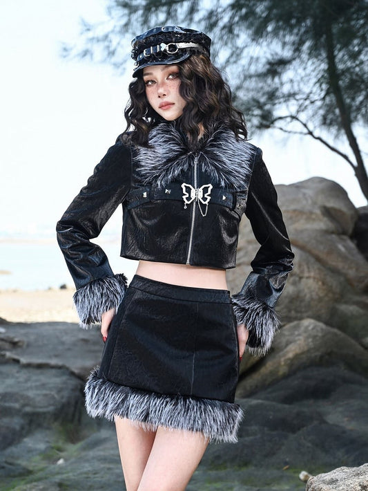Plush Hem Black Punk PU Skirt