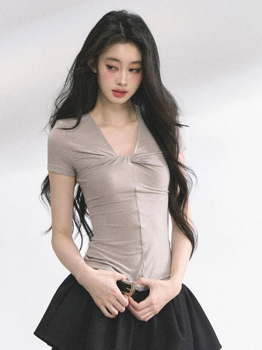 Light Gray Twist Detail Neckline Slim-fitting T-shirt