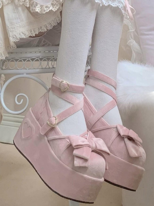 Velvet Pink Sweet Lolita Platforms - Bow Accents, Crisscross Straps & Heart Buckle