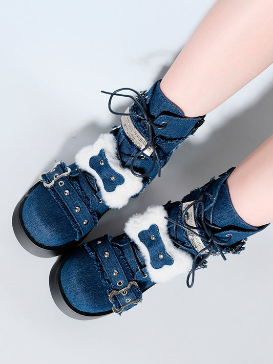 Buckle Straps Plush Bone Decorated Denim Blue Punk Platform Boots