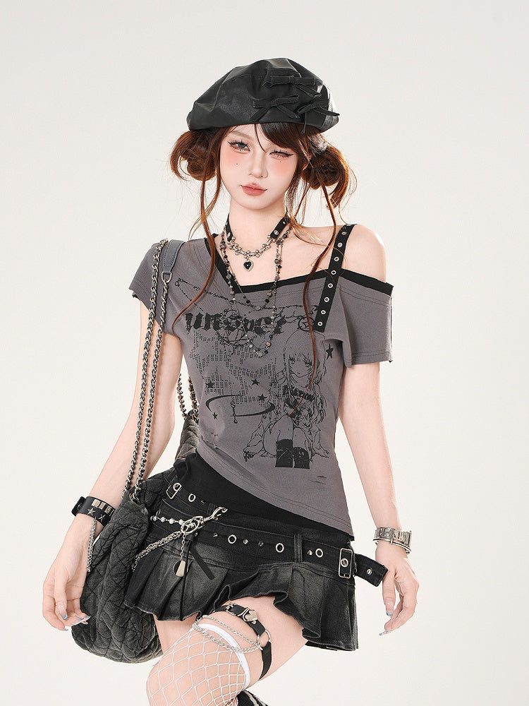 Anime Girl Print Gray/White Asymmetrical Neckline Slim-fitting T-shirt