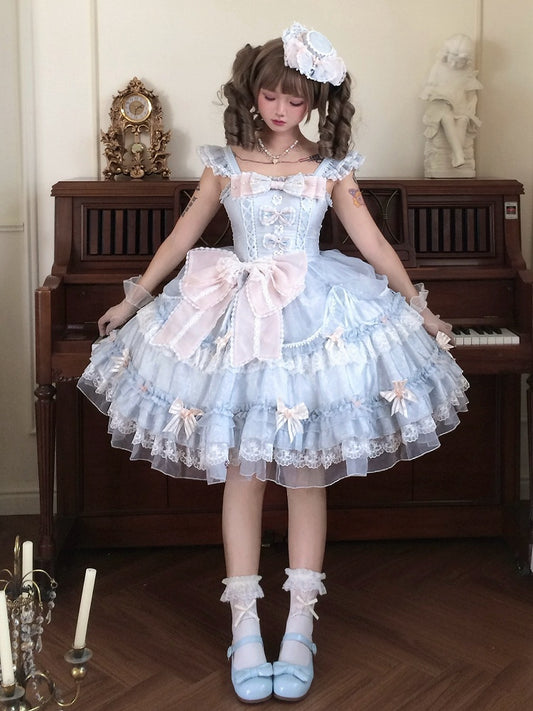 Pink Bow Accents Light Blue Natural Waist Hime Lolita Dress