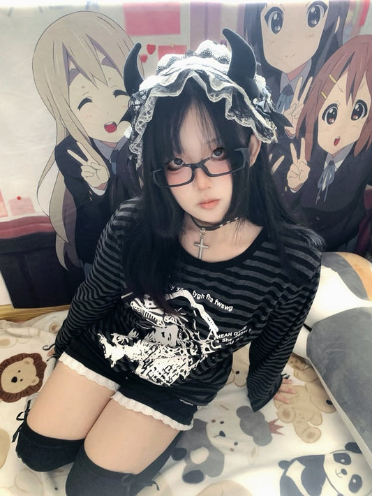 Black & Gray Stripe Pattern Skeleton Print Long Sleeves Punk T-shirt
