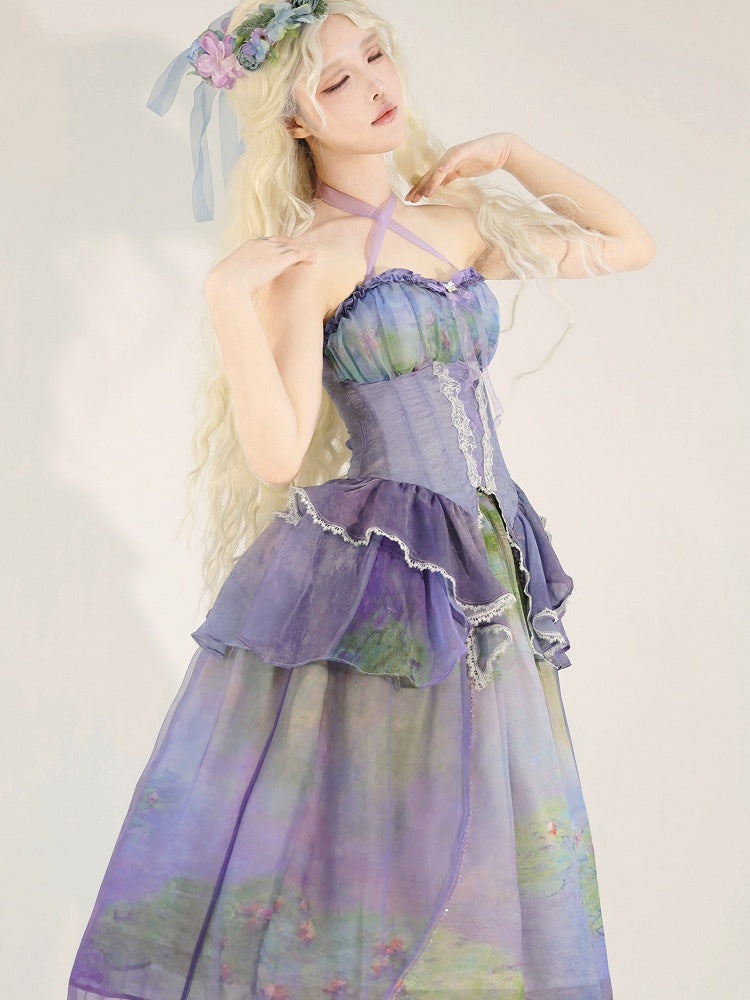 Purple Fairy Oil Painting Print Tiered Flounce Hem Halter Boned Corset Top