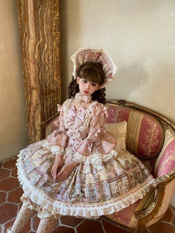 Fairytale Town Theme Pink Square Neckline Sweet Lolita Dress with Bow Accents