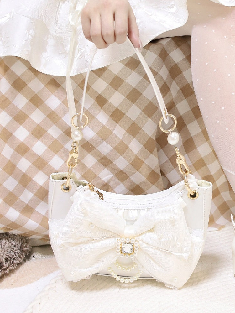 White Shoulder Bag in Sweet Lolita - Satin with Sparkling Beaded Bow