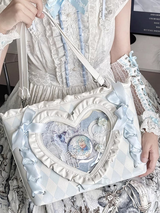Blue Diamond Pattern Lace-up Design Ruffles Trim Heart PU Tota Ita Bag