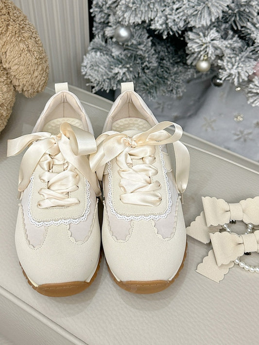 Detachable Bead-Embellished Bow & Functional Lace-Up Apricot Sneakers in Sweet Lolita
