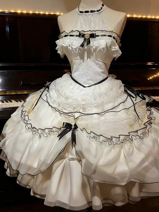 Plus Sizes White & Black Ruffled Layers Illusion Neckline Sweet Lolita Dress with Bow Accents Short Version