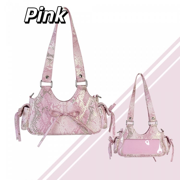 Pink 2 Ways Spicy Girl Style Daily Ita Bag with Bowknot & Snakeskin Embossing
